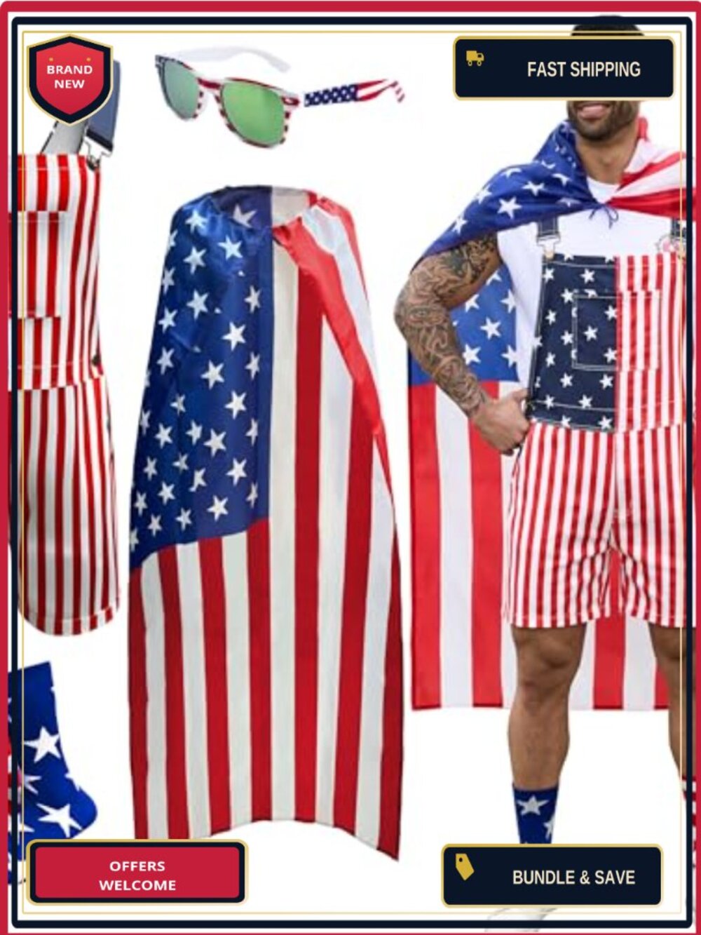 4 Pc American Flag Men's Costume Set with Overalls Shorts, Cape, Sunglasses,